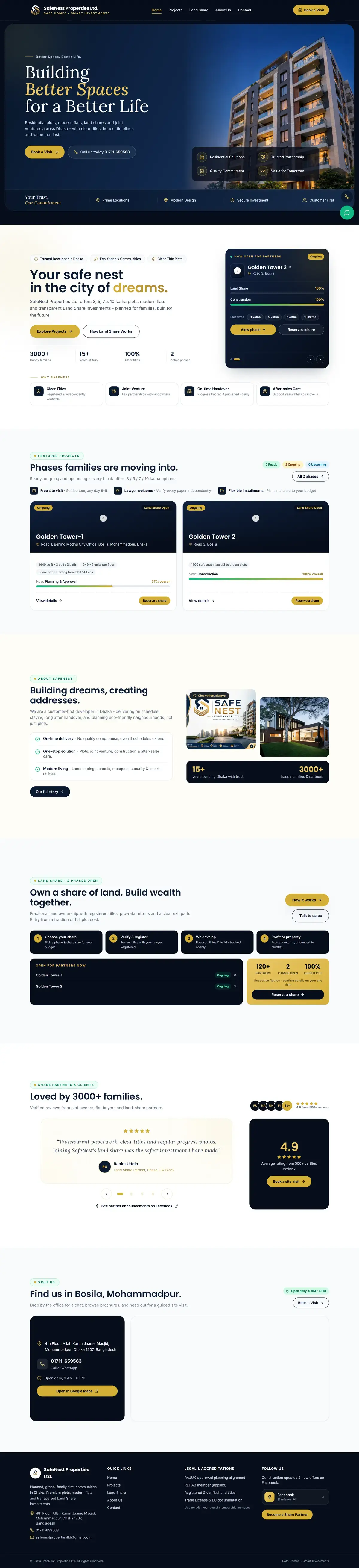 The SafeNest Properties website, from the homepage hero down to the footer