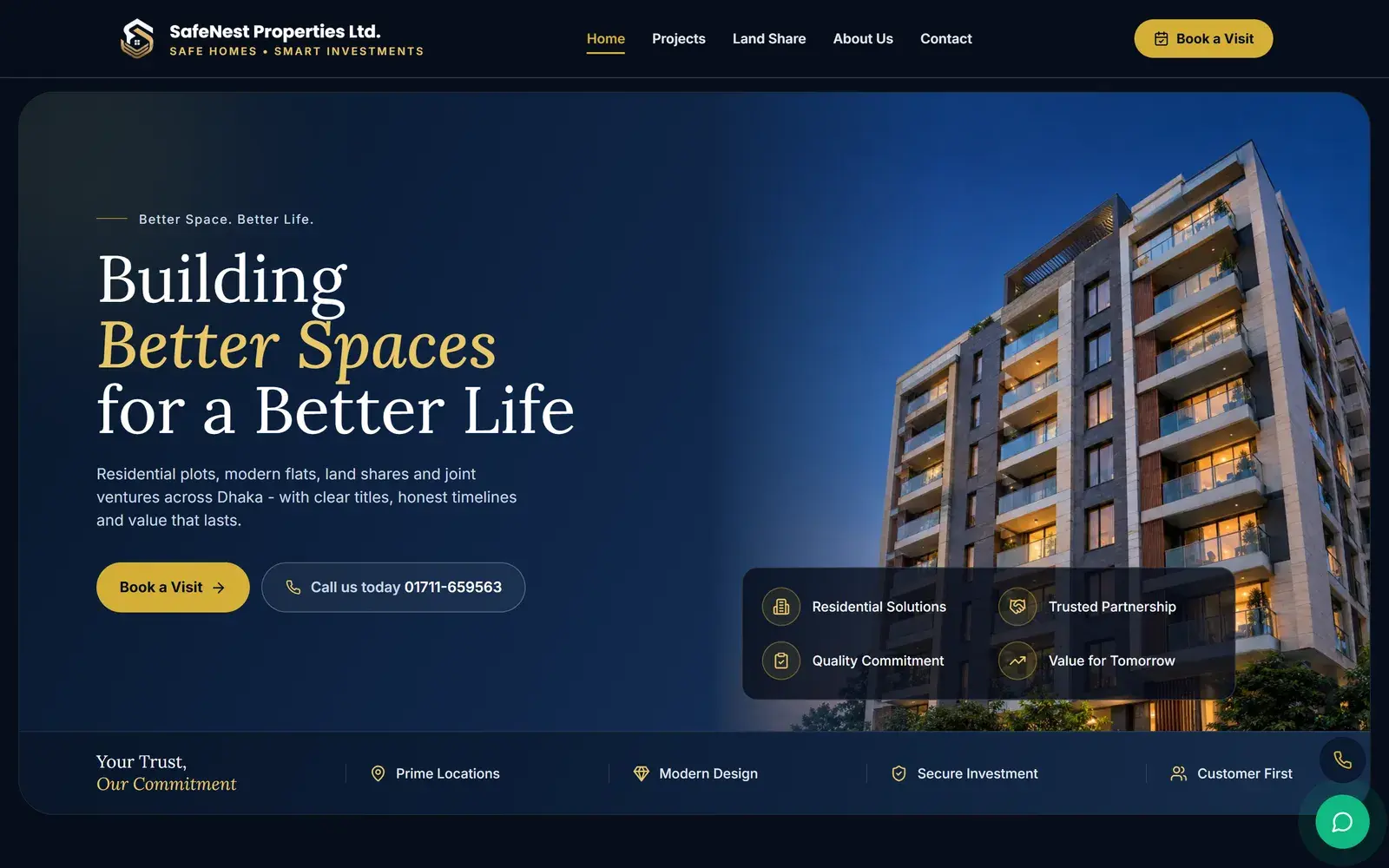 The SafeNest homepage: a night photo of a modern apartment tower beside the headline Building Better Spaces for a Better Life